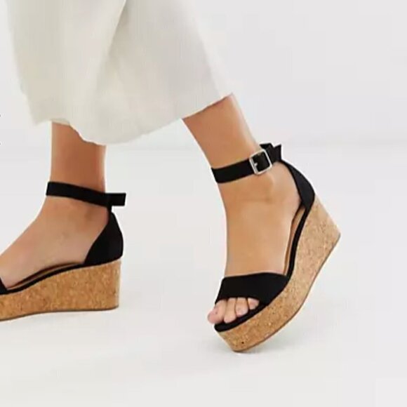 New Look Suedette Flat Form Cork Ankle Strap Black Platform Sandal Size 8 - Picture 8 of 8